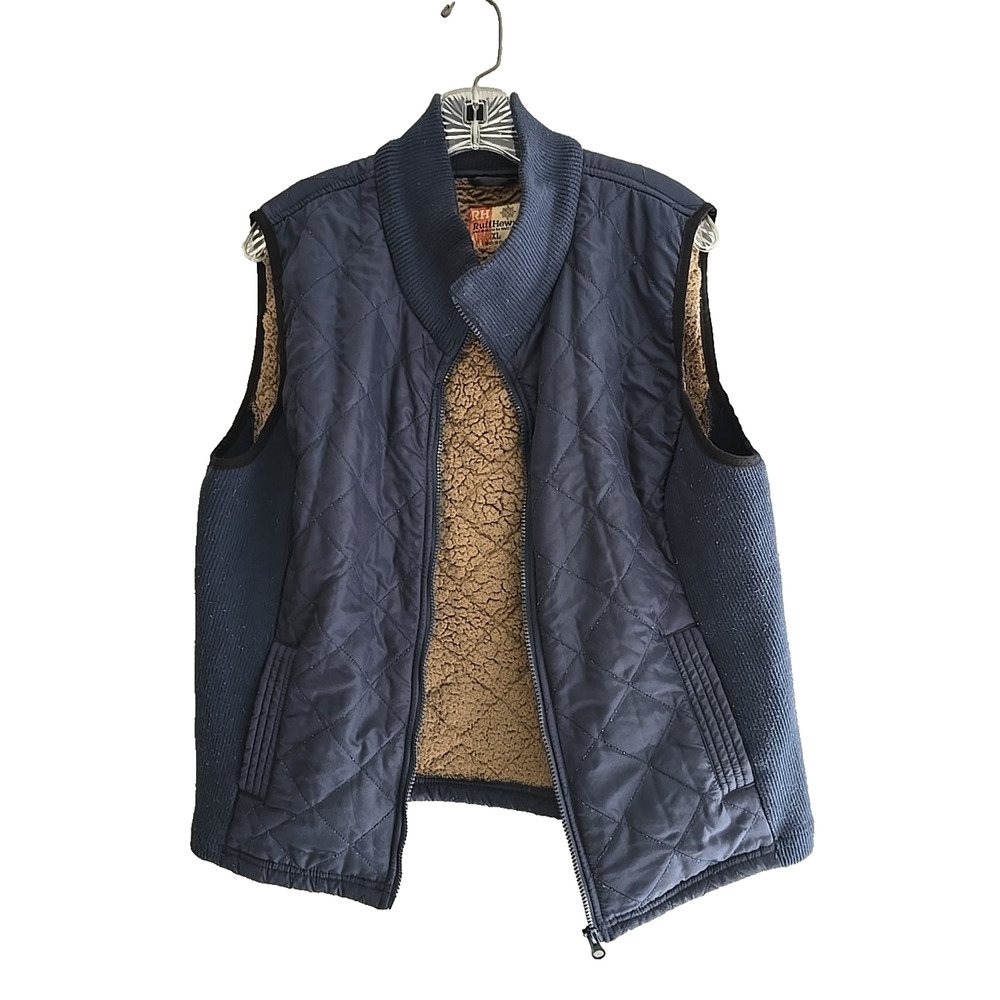 Ruff Hewn Navy Blue Faux Fur Zip Front Quilted Sleeveless Vest Womans Size XL